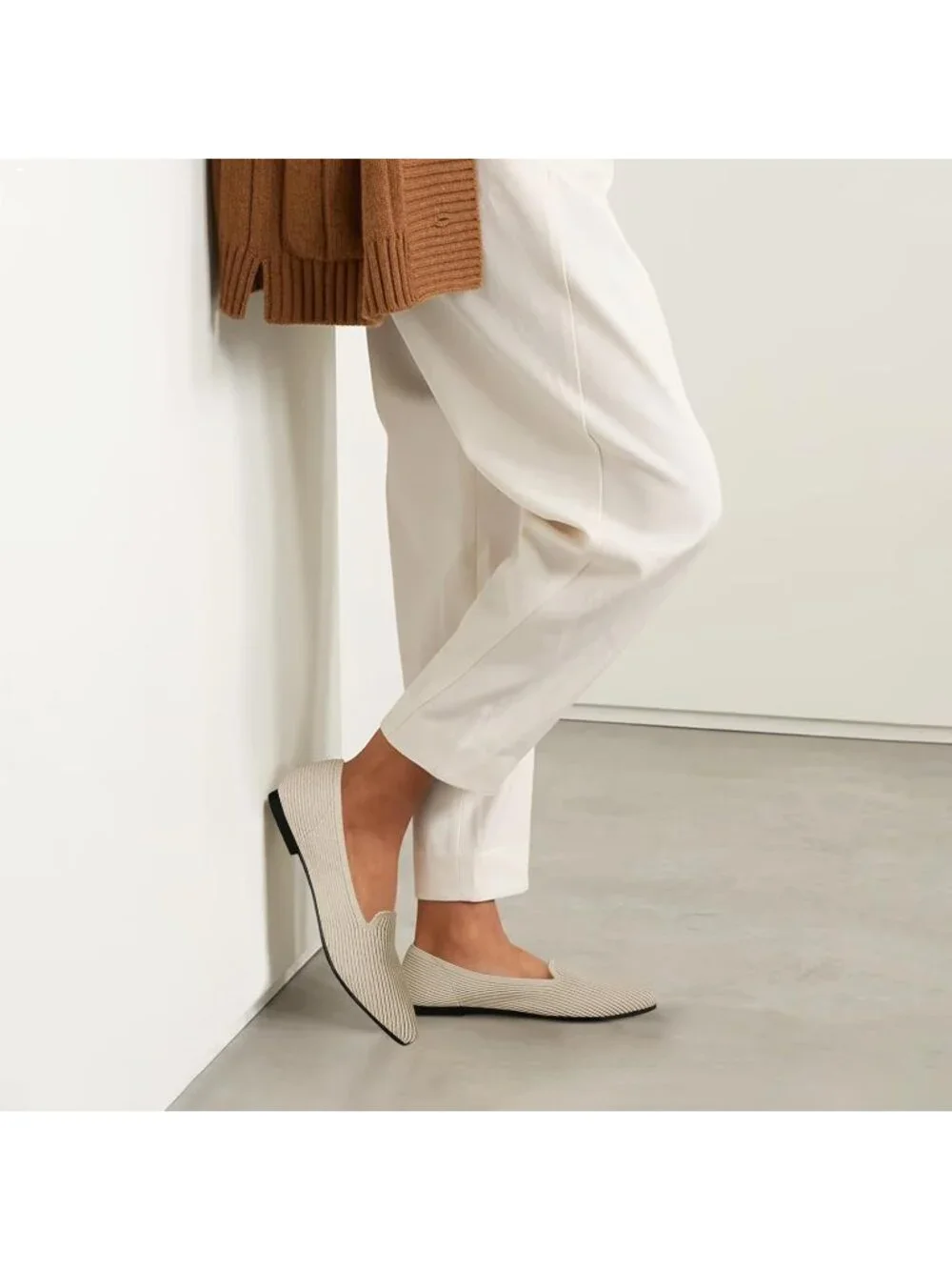 Women's Beige Pointed Toe Knit Ballet Flats Washable Important Work Shoes